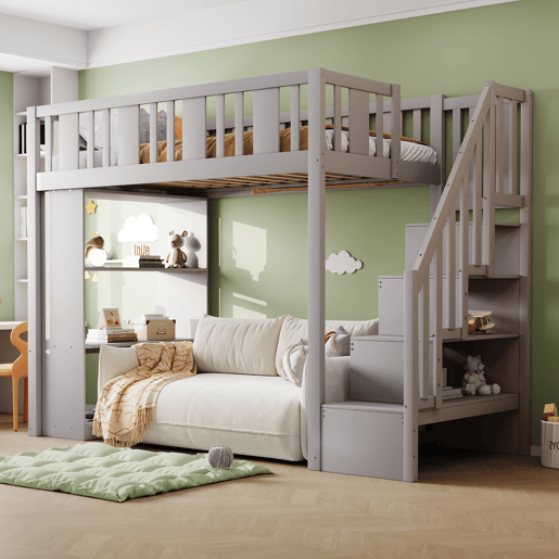 Cama alta 90x200 cm - Cama infantil com escada de arrumação, vários compartimentos, cama funcional, cama juvenil, cama de madeira - Cinza
