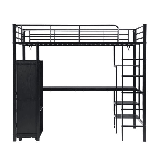 Beliche 90x200cm - Com mesa e armário, com escada de 5 degraus, estrutura de ferro, cor preta Beliche 90x200cm - Com mesa e armário, com escada de 5 degraus, estrutura de ferro, cor preta