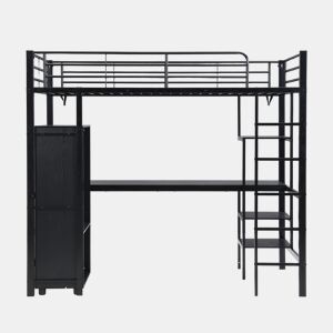 Beliche 90x200cm - Com mesa e armário, com escada de 5 degraus, estrutura de ferro, cor preta