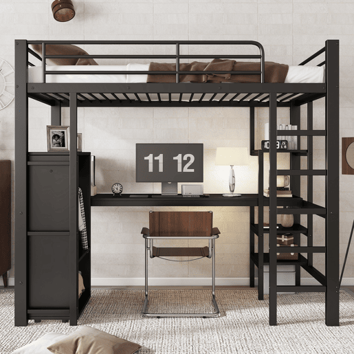 Beliche 90x200cm - Com mesa e armário, com escada de 5 degraus, estrutura de ferro, cor preta Beliche 90x200cm - Com mesa e armário, com escada de 5 degraus, estrutura de ferro, cor preta