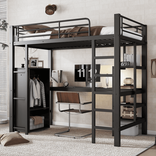 Beliche 90x200cm - Com mesa e armário, com escada de 5 degraus, estrutura de ferro, cor preta Beliche 90x200cm - Com mesa e armário, com escada de 5 degraus, estrutura de ferro, cor preta