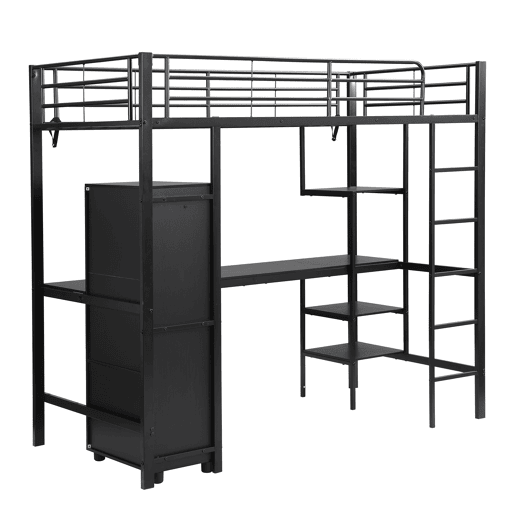Beliche 90x200cm - Com mesa e armário, com escada de 5 degraus, estrutura de ferro, cor preta Beliche 90x200cm - Com mesa e armário, com escada de 5 degraus, estrutura de ferro, cor preta