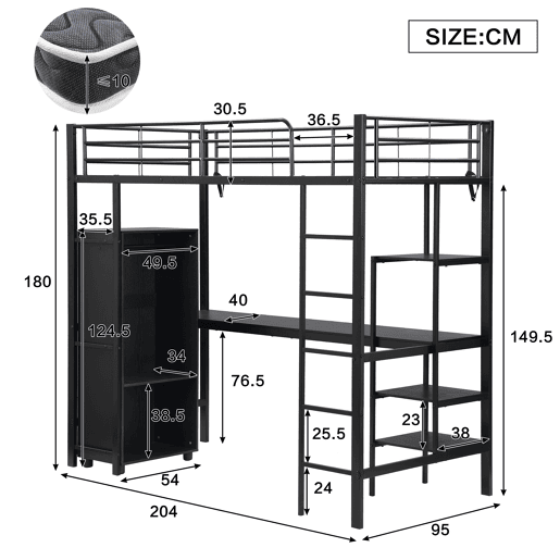 Beliche 90x200cm - Com mesa e armário, com escada de 5 degraus, estrutura de ferro, cor preta Beliche 90x200cm - Com mesa e armário, com escada de 5 degraus, estrutura de ferro, cor preta