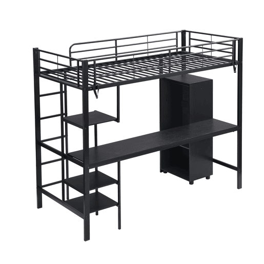 Beliche 90x200cm - Com mesa e armário, com escada de 5 degraus, estrutura de ferro, cor preta Beliche 90x200cm - Com mesa e armário, com escada de 5 degraus, estrutura de ferro, cor preta