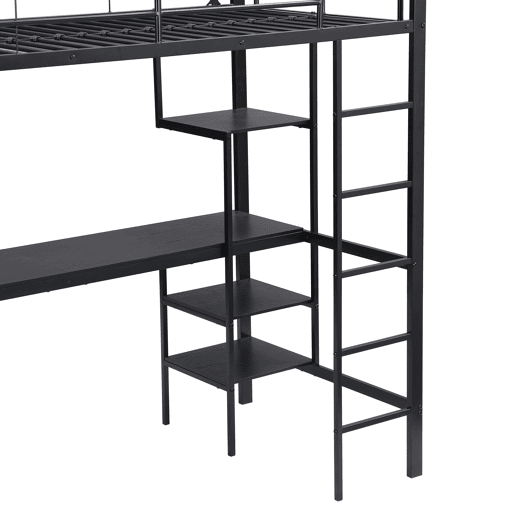 Beliche 90x200cm - Com mesa e armário, com escada de 5 degraus, estrutura de ferro, cor preta Beliche 90x200cm - Com mesa e armário, com escada de 5 degraus, estrutura de ferro, cor preta