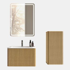 Conjunto de móveis de casa de banho de 61 cm com espelho LED u2013 móvel suspenso com lavatório e armário lateral, design moderno u2013 carvalho