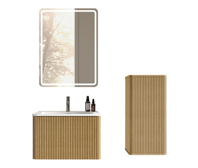 Conjunto mueble de baño 61cm con espejo led - mueble suspendido con lavabo y armario lateral, diseño moderno - roble