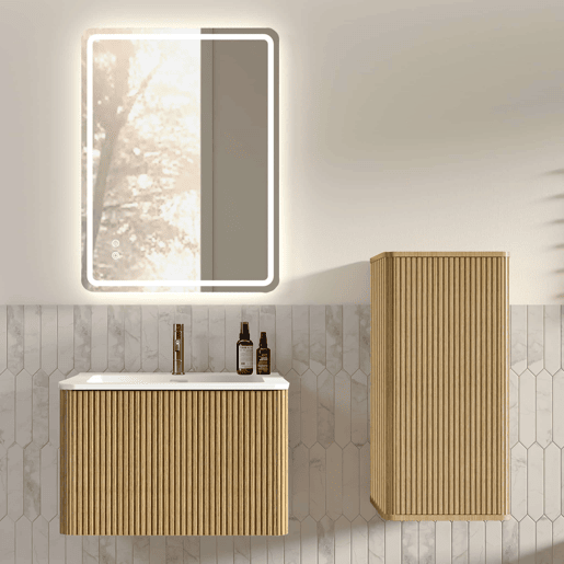 Conjunto de móveis de casa de banho de 61 cm com espelho LED u2013 móvel suspenso com lavatório e armário lateral, design moderno u2013 carvalho Conjunto de móveis de casa de banho de 61 cm com espelho LED u2013 móvel suspenso com lavatório e armário lateral, design moderno u2013 carvalho