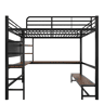 Cama alta 140x200 cm - Estrutura metálica, secretária, corrimão, escada, várias prateleiras, tomada USB + Type-C, faixa LED, painel perfurado - Preto