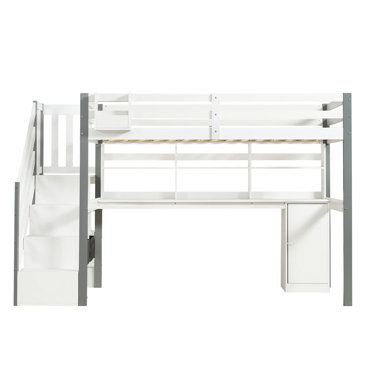 Cama semialta 90x200cm - con caja de almacenamiento de tela, escritorio con estantes y armarios, escalera lateral - blanco+gris