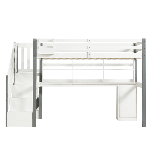 Cama semi-alta 90x200cm - Com caixa de armazenamento em tecido, secretária com prateleiras e armários, escada lateral - Branco+Cinza Cama semi-alta 90x200cm - Com caixa de armazenamento em tecido, secretária com prateleiras e armários, escada lateral - Branco+Cinza
