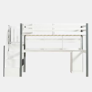 Cama semi-alta 90x200cm - Com caixa de armazenamento em tecido, secretária com prateleiras e armários, escada lateral - Branco+Cinza