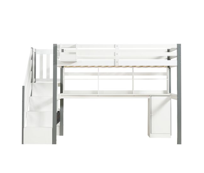 Cama semialta 90x200cm - con caja de almacenamiento de tela, escritorio con estantes y armarios, escalera lateral - blanco+gris