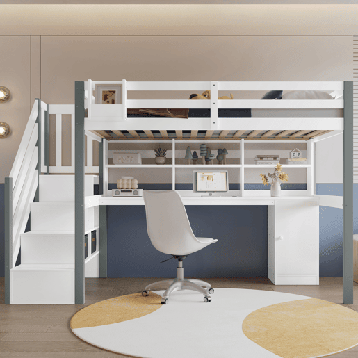 Cama semi-alta 90x200cm - Com caixa de armazenamento em tecido, secretária com prateleiras e armários, escada lateral - Branco+Cinza Cama semi-alta 90x200cm - Com caixa de armazenamento em tecido, secretária com prateleiras e armários, escada lateral - Branco+Cinza