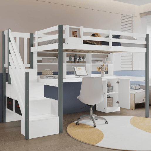 Cama semi-alta 90x200cm - Com caixa de armazenamento em tecido, secretária com prateleiras e armários, escada lateral - Branco+Cinza Cama semi-alta 90x200cm - Com caixa de armazenamento em tecido, secretária com prateleiras e armários, escada lateral - Branco+Cinza