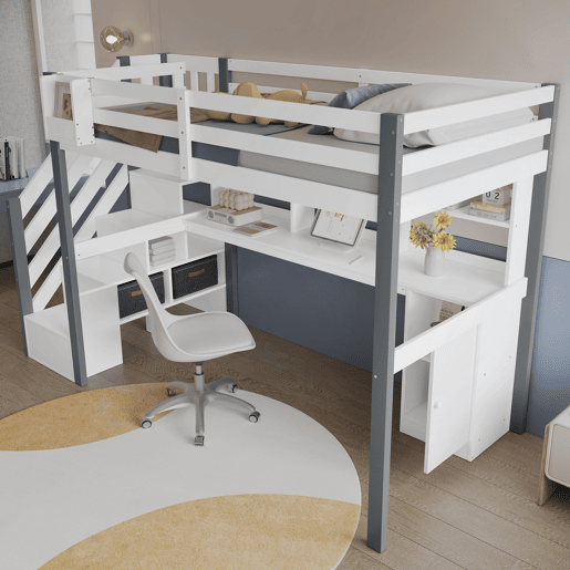 Cama semi-alta 90x200cm - Com caixa de armazenamento em tecido, secretária com prateleiras e armários, escada lateral - Branco+Cinza Cama semi-alta 90x200cm - Com caixa de armazenamento em tecido, secretária com prateleiras e armários, escada lateral - Branco+Cinza