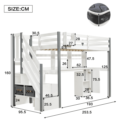 Cama semi-alta 90x200cm - Com caixa de armazenamento em tecido, secretária com prateleiras e armários, escada lateral - Branco+Cinza Cama semi-alta 90x200cm - Com caixa de armazenamento em tecido, secretária com prateleiras e armários, escada lateral - Branco+Cinza