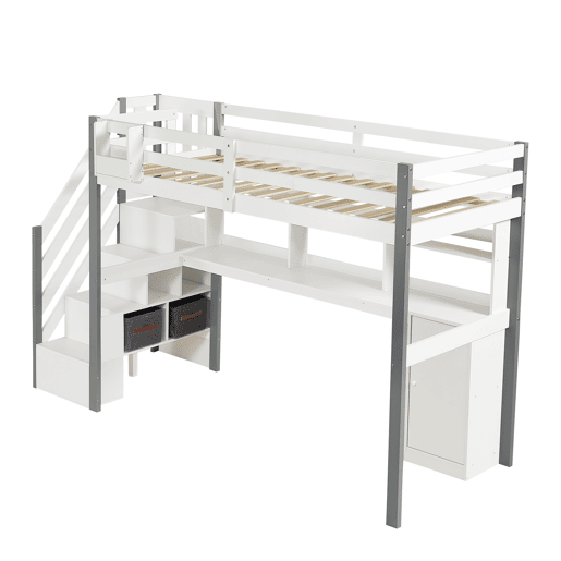 Cama semi-alta 90x200cm - Com caixa de armazenamento em tecido, secretária com prateleiras e armários, escada lateral - Branco+Cinza Cama semi-alta 90x200cm - Com caixa de armazenamento em tecido, secretária com prateleiras e armários, escada lateral - Branco+Cinza