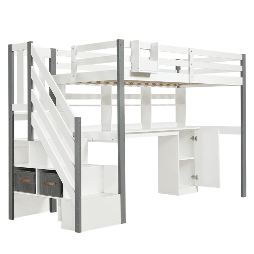 Cama semi-alta 90x200cm - Com caixa de armazenamento em tecido, secretária com prateleiras e armários, escada lateral - Branco+Cinza Cama semi-alta 90x200cm - Com caixa de armazenamento em tecido, secretária com prateleiras e armários, escada lateral - Branco+Cinza