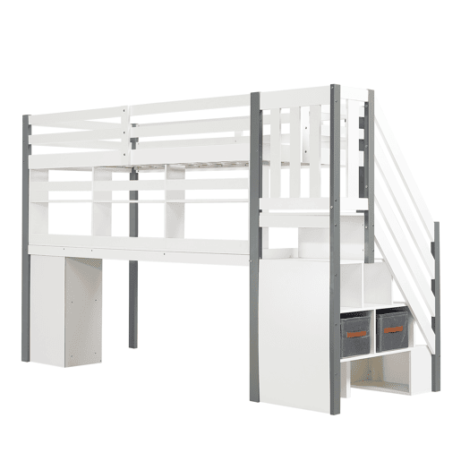 Cama semi-alta 90x200cm - Com caixa de armazenamento em tecido, secretária com prateleiras e armários, escada lateral - Branco+Cinza Cama semi-alta 90x200cm - Com caixa de armazenamento em tecido, secretária com prateleiras e armários, escada lateral - Branco+Cinza