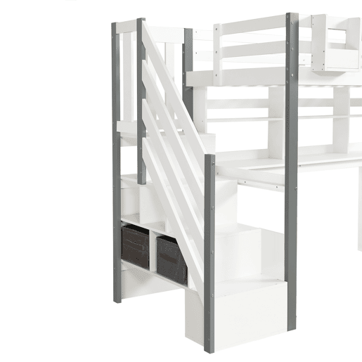 Cama semi-alta 90x200cm - Com caixa de armazenamento em tecido, secretária com prateleiras e armários, escada lateral - Branco+Cinza Cama semi-alta 90x200cm - Com caixa de armazenamento em tecido, secretária com prateleiras e armários, escada lateral - Branco+Cinza