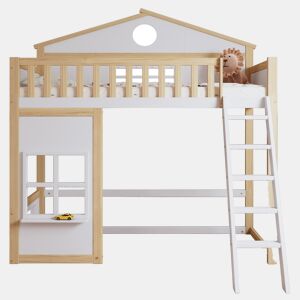 Beliche infantil 90x200 - com escada, corrimão, teto e janela, cama inferior aberta - Branco+Natural
