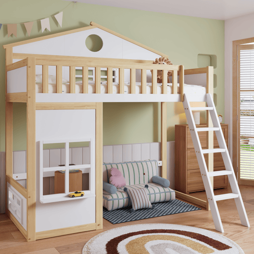 Beliche infantil 90x200 - com escada, corrimão, teto e janela, cama inferior aberta - Branco+Natural Beliche infantil 90x200 - com escada, corrimão, teto e janela, cama inferior aberta - Branco+Natural