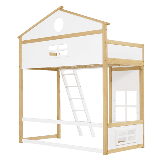 Beliche infantil 90x200 - com escada, corrimão, teto e janela, cama inferior aberta - Branco+Natural Beliche infantil 90x200 - com escada, corrimão, teto e janela, cama inferior aberta - Branco+Natural
