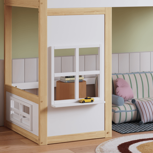 Beliche infantil 90x200 - com escada, corrimão, teto e janela, cama inferior aberta - Branco+Natural Beliche infantil 90x200 - com escada, corrimão, teto e janela, cama inferior aberta - Branco+Natural