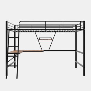 Cama mezzanine em ferro - 90x200 cm - com secretária de canto e prateleira - Preto