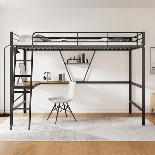 Cama mezzanine em ferro - 90x200 cm - com secretária de canto e prateleira - Preto Cama mezzanine em ferro - 90x200 cm - com secretária de canto e prateleira - Preto
