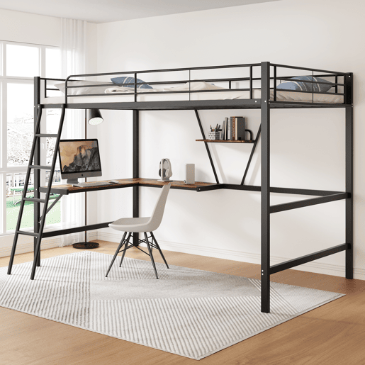 Cama mezzanine em ferro - 90x200 cm - com secretária de canto e prateleira - Preto Cama mezzanine em ferro - 90x200 cm - com secretária de canto e prateleira - Preto