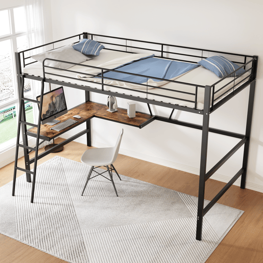 Cama mezzanine em ferro - 90x200 cm - com secretária de canto e prateleira - Preto Cama mezzanine em ferro - 90x200 cm - com secretária de canto e prateleira - Preto
