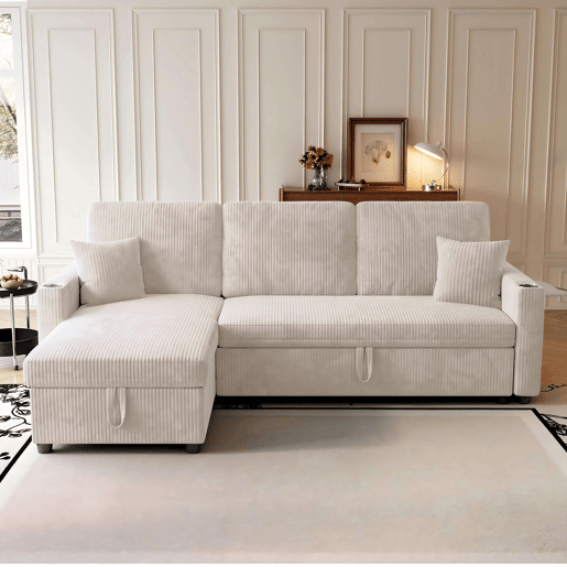Sofá-cama de canto de 3 lugares - modular com chaise longue, espaço de arrumação e função de cama - Bege Sofá-cama de canto de 3 lugares - modular com chaise longue, espaço de arrumação e função de cama - Bege