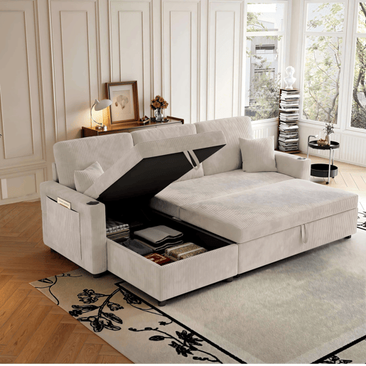 Sofá-cama de canto de 3 lugares - modular com chaise longue, espaço de arrumação e função de cama - Bege Sofá-cama de canto de 3 lugares - modular com chaise longue, espaço de arrumação e função de cama - Bege