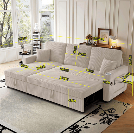 Sofá-cama de canto de 3 lugares - modular com chaise longue, espaço de arrumação e função de cama - Bege Sofá-cama de canto de 3 lugares - modular com chaise longue, espaço de arrumação e função de cama - Bege
