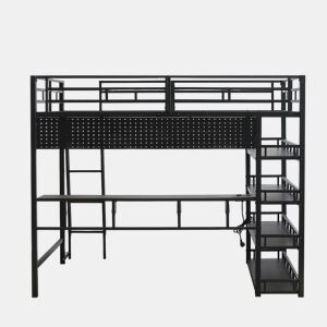 Cama loft 140x200 cm - Com prateleiras, muito espaço de armazenamento, porta de carregamento, escada inclinada - Preto