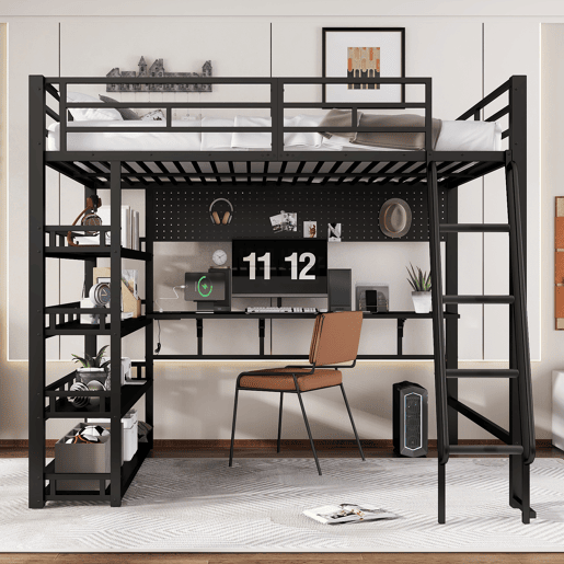Cama loft 140x200 cm - Com prateleiras, muito espaço de armazenamento, porta de carregamento, escada inclinada - Preto Cama loft 140x200 cm - Com prateleiras, muito espaço de armazenamento, porta de carregamento, escada inclinada - Preto