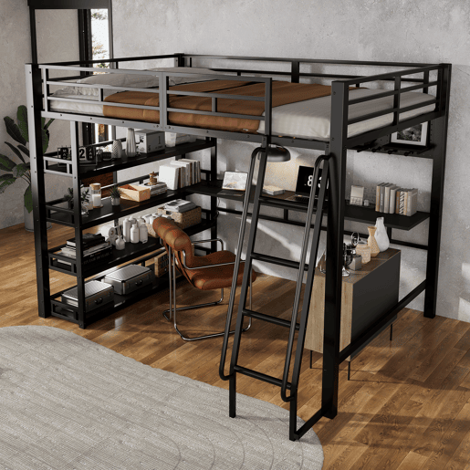 Cama loft 140x200 cm - Com prateleiras, muito espaço de armazenamento, porta de carregamento, escada inclinada - Preto Cama loft 140x200 cm - Com prateleiras, muito espaço de armazenamento, porta de carregamento, escada inclinada - Preto
