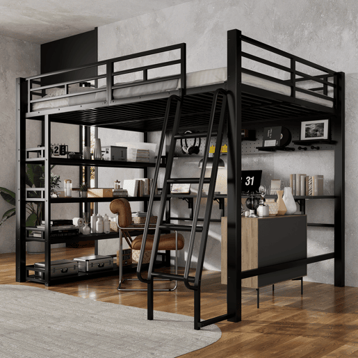 Cama loft 140x200 cm - Com prateleiras, muito espaço de armazenamento, porta de carregamento, escada inclinada - Preto Cama loft 140x200 cm - Com prateleiras, muito espaço de armazenamento, porta de carregamento, escada inclinada - Preto