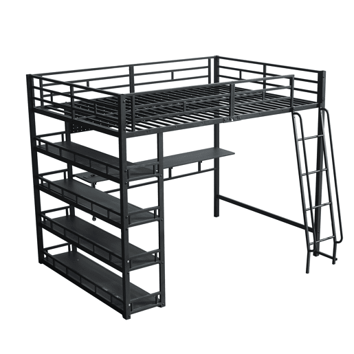 Cama loft 140x200 cm - Com prateleiras, muito espaço de armazenamento, porta de carregamento, escada inclinada - Preto Cama loft 140x200 cm - Com prateleiras, muito espaço de armazenamento, porta de carregamento, escada inclinada - Preto