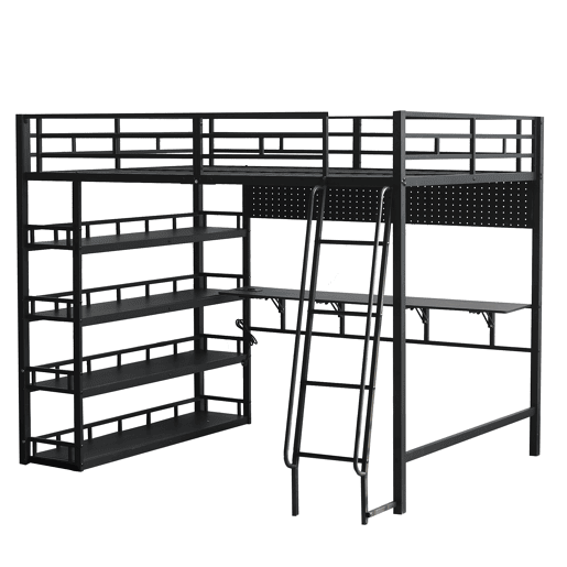 Cama loft 140x200 cm - Com prateleiras, muito espaço de armazenamento, porta de carregamento, escada inclinada - Preto Cama loft 140x200 cm - Com prateleiras, muito espaço de armazenamento, porta de carregamento, escada inclinada - Preto
