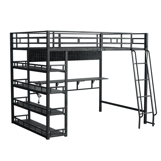 Cama loft 140x200 cm - Com prateleiras, muito espaço de armazenamento, porta de carregamento, escada inclinada - Preto Cama loft 140x200 cm - Com prateleiras, muito espaço de armazenamento, porta de carregamento, escada inclinada - Preto