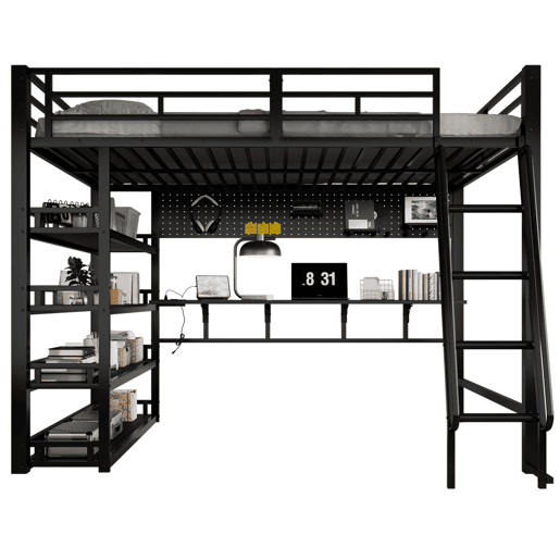 Cama loft 140x200 cm - Com prateleiras, muito espaço de armazenamento, porta de carregamento, escada inclinada - Preto Cama loft 140x200 cm - Com prateleiras, muito espaço de armazenamento, porta de carregamento, escada inclinada - Preto