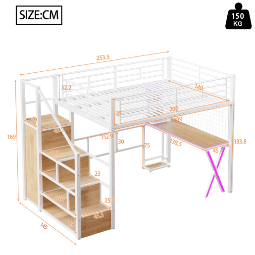 Cama alta 140x200 cm - Com LED, escada de arrumação, secretária, armário, prateleiras - Branco Cama alta 140x200 cm - Com LED, escada de arrumação, secretária, armário, prateleiras - Branco