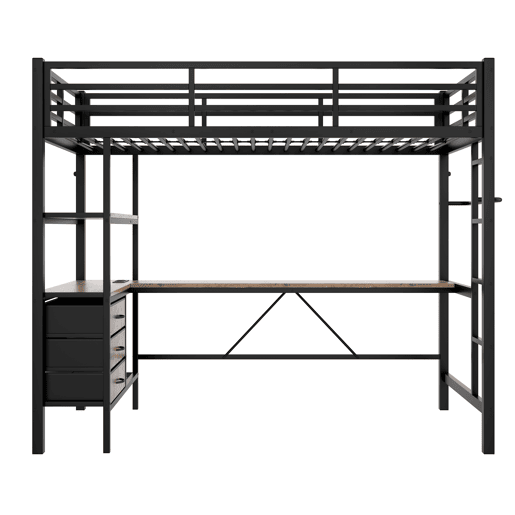 Beliche alto 90x200cm - Com luzes LED, secretária, tomada + USB, 3 gavetas, prateleiras, grade, escada - Preto