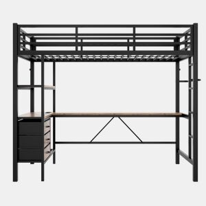 Beliche alto 90x200cm - Com luzes LED, secretária, tomada + USB, 3 gavetas, prateleiras, grade, escada - Preto