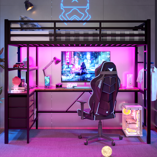 Beliche alto 90x200cm - Com luzes LED, secretária, tomada + USB, 3 gavetas, prateleiras, grade, escada - Preto