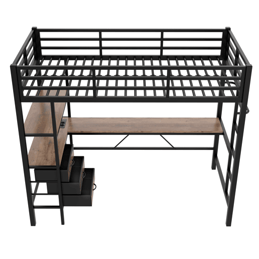 Beliche alto 90x200cm - Com luzes LED, secretária, tomada + USB, 3 gavetas, prateleiras, grade, escada - Preto