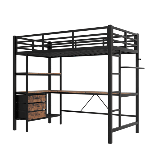 Beliche alto 90x200cm - Com luzes LED, secretária, tomada + USB, 3 gavetas, prateleiras, grade, escada - Preto